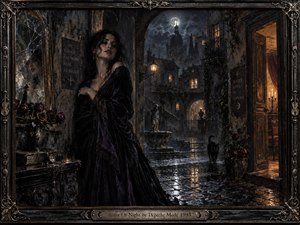 A solitary woman in a dark violet gown stands within a rain-slicked Gothic courtyard, framed by cracked mirrors, roses, arches, and shadowed stone. Cold moonlight washes the distant architecture while warm windows glow nearby. Wet cobblestones, a black cat, ornate metalwork, and painterly textures create a romantic, haunted atmosphere.