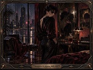 A solitary figure stands in a luxurious rain-soaked room, framed by crimson velvet, black leather, mirrored reflections, and a glowing nighttime cityscape. Deep reds, bronze, and charcoal create a sensual, uneasy mood. Dramatic lamplight, wet surfaces, roses, glassware, and ornate metallic framing evoke decadent 1980s noir.