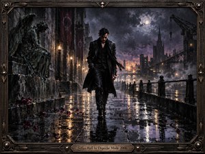 A solitary man in black walks through a rain-soaked industrial riverside at night, surrounded by gothic architecture, cranes, bridges, and a brooding angel statue. Cold blues, charcoal, bronze, and muted violet dominate, while amber lamps and distant firelight shimmer across wet stone. The detailed, painterly scene feels melancholic, tense, and cinematic.