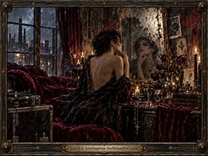 A solitary woman sits before a cracked antique mirror in a rain-darkened boudoir, surrounded by deep crimson velvet, blackened metal, roses, candles, and gothic objects. Warm candlelight contrasts with the cold blue city beyond the windows, creating a seductive, uneasy atmosphere of obsession, reflection, decay, and luxurious perfection.