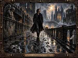 A solitary dark-clad figure crosses a rain-soaked gothic bridge toward a glowing cathedral, surrounded by shadowed architecture, statues, mist, and watching silhouettes. Cold charcoal blues and blacks contrast with warm amber lights reflected in puddles. Distorted faces beneath the water suggest memory, judgment, and inner conflict within a richly textured, painterly scene.