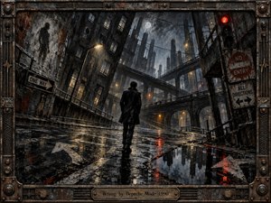 A solitary figure walks through a rain-soaked industrial city of leaning buildings, tangled overpasses, and conflicting road signs. Cold charcoal grays and blackened steel dominate, broken by amber lamps and sharp red reflections. The moody, dystopian composition feels disorienting and tense, with textured painterly surfaces, deep shadows, and an ornate mechanical frame.