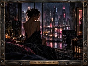 A solitary woman sits beside rain-streaked windows overlooking a neon-lit city, her reflective pose glowing with sensual melancholy and quiet connection. Deep blues, charcoal, magenta, and amber light shimmer across wet surfaces. The cinematic mixed-media style blends industrial textures, soft reflections, music equipment, and an ornate metal frame with an engraved title plate.