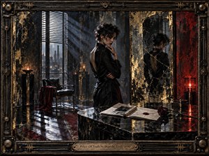 A solitary dark-clad figure stands in a shadowed industrial room beside a fractured mirror, surrounded by sealed papers, a deep red rose, and reflective black surfaces. Cold window light cuts through smoky air while crimson lamps glow warmly. Rich black, bronze, gold, and burgundy textures create a tense, handcrafted noir atmosphere.