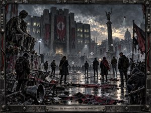 A rain-soaked civic square stretches beneath storm-dark skies, where scattered figures face a looming brutalist government building in tense silence. Gunmetal grays, black, and muted crimson dominate, illuminated by cold floodlights and a distant search beam. Gritty mixed-media textures, torn banners, debris, statues, and industrial framing create a bleak, defiant atmosphere.