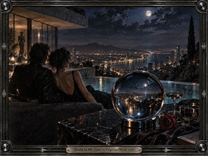 A stylish couple overlooks a luminous night city from a luxurious hillside terrace, creating an intimate, mysterious mood. Deep blues, black, silver, and warm amber lights dominate the cinematic composition. A reflective crystal orb mirrors the skyline and moon, while polished metal, marble, glass, a red rose, and dramatic clouds add rich handcrafted detail.