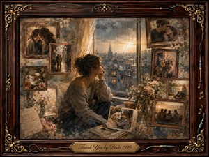 Kung Fu Hand Painting - A contemplative woman sits beside a rain-streaked window overlooking a softly glowing city, surrounded by rosewood-framed memories of love, friendship, flowers, and quiet moments. Warm sepia, muted blue, and amber light create a tender, nostalgic mood. Painterly textures, delicate reflections, musical ornamentation, and an engraved title plate complete the intimate composition.