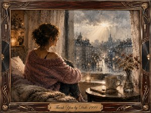 Kung Fu Hand Painting - A woman wrapped in a soft rose sweater sits quietly beside a rain-streaked window, overlooking a gray city glowing beneath breaking sunlight. Warm candlelight, a teacup, dried flowers, and muted browns contrast with the cool rainy skyline. Watercolor textures create tenderness, framed by ornate rosewood, brass, and musical-string details.