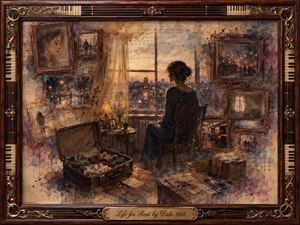 Kung Fu Hand Painting - A solitary woman sits beside an open suitcase, gazing through a twilight window as framed memories fade across the surrounding walls. Warm sepia, amber, violet, and muted blue tones create a reflective, transient mood. Watercolor washes and painterly textures soften the scene, enclosed by an ornate rosewood, piano-key, and gold-inlaid frame.