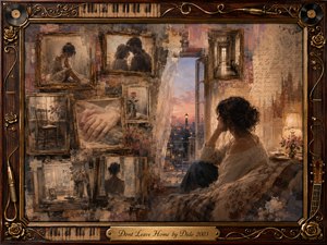 Kung Fu Hand Painting - A solitary woman sits beside an open window at twilight, surrounded by faded rosewood-framed memories of love, loneliness, and quiet interiors. Warm sepia, amber, rose, and muted blue tones create a tender, melancholic mood. Layered oil, acrylic, and watercolor textures blend softly beneath an ornate musical frame and engraved title plate.