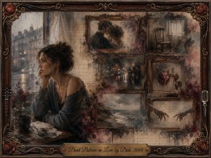 Kung Fu Hand Painting - A solitary woman sits beside a rain-streaked window, surrounded by faded photographs and ornate rosewood-framed memories of intimacy, distance, and loss. Muted browns, smoky grays, burgundy roses, and soft amber highlights create a melancholic atmosphere. Painterly textures blend oil, acrylic, and watercolor, while musical details enrich the elaborate vintage frame.