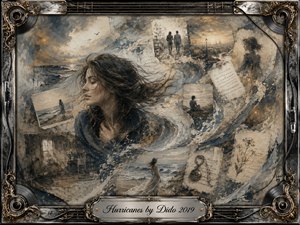 Kung Fu Hand Painting - A windswept woman stands amid a turbulent collage of ocean waves, faded photographs, handwritten letters, and distant memories. Muted blue-gray, sepia, cream, and gold tones create a melancholy, reflective mood. Painterly textures blend oil and watercolor effects, framed by ornate metallic detailing, vinyl records, strings, and an elegant engraved title plate.