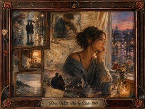 A wistful woman sits beside a rain-lit window at dusk, surrounded by framed memories of embraces, quiet rooms, coastal views, and shared walks. Warm amber candlelight blends with muted blue, rose, and sepia tones. Painterly textures, aged papers, roses, musical details, and an ornate rosewood frame deepen the nostalgic, intimate mood.