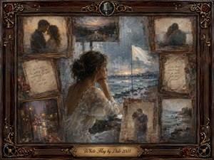 A solitary woman gazes across a rain-darkened shoreline, surrounded by faded framed memories of love, letters, roads, and embracing couples. Cool blue-gray water and stormy skies contrast with warm sepia and amber highlights. Ornate rosewood, gold filigree, roses, vinyl details, and a central engraved title plate complete the nostalgic mixed-media collage.