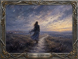 A solitary woman walks a winding path across windswept moorland toward a glowing twilight horizon, leaving distant city lights behind. Textured oil-paint brushwork blends blue-gray, lavender, cream, and amber tones beneath sweeping clouds and flying birds. An ornate chrome-and-gold musical frame reinforces the reflective, searching, quietly hopeful mood.