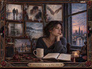 Kung Fu Hand Painting - A contemplative woman sits beside a rain-streaked window, surrounded by faded framed memories of love, travel, and separation. Muted blues, charcoal grays, sepia browns, and soft candlelight create a wistful, intimate mood. Painterly textures, roses, records, handwritten notes, and an ornate music-themed frame reinforce nostalgia, doubt, and emotional distance.
