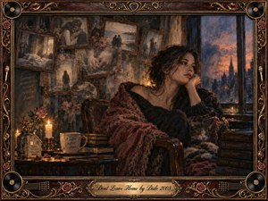 Kung Fu Hand Painting - A solitary woman rests beside a twilight window, wrapped in a deep burgundy shawl while a sleeping cat curls nearby. Candlelight warms the intimate room, contrasting with the blue-orange dusk outside. Faded framed memories, roses, books, records, and ornate gold details create a nostalgic, melancholic oil-painted atmosphere of longing and emotional confinement.