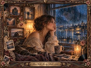 Kung Fu Hand Painting - A wistful woman rests beside a rain-streaked window overlooking a glowing waterfront city at night. Warm amber lamplight contrasts with cool blue reflections outside, creating a tender, lonely mood. Vintage framed memories, roses, photographs, records, and musical ornaments surround her in a richly textured, romantic painterly collage.