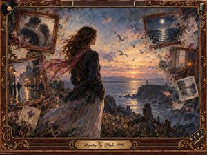 Kung Fu Hand Painting - A windswept woman stands above a moonlit sea at sunset, surrounded by fading framed memories of romance, city streets, and quiet rooms. Warm gold, rose, blue, and charcoal tones create a wistful, searching mood. Painterly textures, drifting birds, flowers, musical details, and an ornate rosewood frame deepen the nostalgic atmosphere.