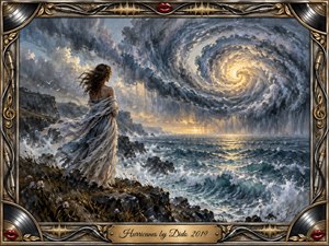 Kung Fu Hand Painting - A solitary woman stands on a windswept rocky cliff, facing a vast spiraling hurricane over a turbulent sea. Storm blues, slate grays, sea greens, and warm golden light create a haunting yet hopeful mood. Painterly textures, crashing waves, flowing fabric, musical frame details, red lips, and an engraved title plate complete the dramatic composition.