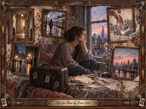 Kung Fu Hand Painting - A wistful young woman sits beside a rain-streaked window in a temporary apartment, surrounded by faded framed memories of trains, streets, hallways, and distant city lights. Muted rosewood, amber, blue-gray, and sepia tones glow softly through painterly oil, acrylic, and watercolor textures, creating an intimate mood of longing, impermanence, and reflection.