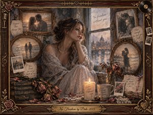 Kung Fu Hand Painting - A wistful woman sits beside a rain-softened window, surrounded by framed memories, faded photographs, handwritten notes, wilted roses, books, and candlelight. Dusty rose, sepia, gray-blue, and amber tones deepen the melancholy. Painterly textures blend oil, acrylic, and watercolor, enclosed by an ornate rosewood-and-gold musical frame.