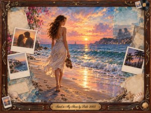 Kung Fu Hand Painting - A barefoot woman in a flowing white dress walks along a glowing sunset beach, carrying her sandals and looking wistfully toward the sea. Warm gold, coral, turquoise, and lavender tones illuminate waves and wet sand. Faded photographs, shells, and musical details surround the romantic painterly scene within an ornate vintage frame.