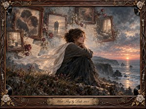 Kung Fu Hand Painting - A solitary woman sits on a windswept seaside cliff at sunset, wrapped in a flowing white scarf as faded romantic memories hover behind her in antique frames. Muted blues, smoky grays, warm golds, and rose accents create a wistful mood. Painterly textures, soft light, roses, records, microphones, and musical inlay enrich the ornate frame.