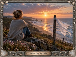 A contemplative woman sits on a rugged coastal overlook at sunset, facing a glowing ocean beneath rose, amber, and blue clouds. A torn white cloth streams from a weathered wooden post, symbolizing enduring emotion and acceptance. Warm cinematic light, detailed natural textures, and a handcrafted metallic botanical frame create a wistful, intimate atmosphere.