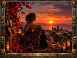 A contemplative woman sits on a stone terrace overlooking a glowing coastal city and calm bay at sunset, beside an ornate acoustic guitar and flickering lanterns. Rich crimson flowers and patterned textiles frame the scene, while fiery orange, gold, burgundy, and violet skies create a sensual, nostalgic atmosphere. Ornate musical-metal framing completes the handcrafted artwork.
