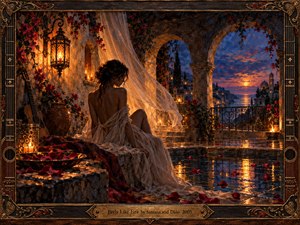 A solitary woman sits beside a reflective courtyard pool on a Mediterranean terrace at dusk, wrapped in flowing ivory fabric amid scattered rose petals, lanterns, and flowering vines. Deep indigo skies contrast with glowing amber light, creating a sensual, contemplative mood. Painterly textures, ornate arches, and warm reflections enrich the handcrafted romantic atmosphere.