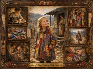 A young girl proudly wears a vibrant patchwork coat outside a rustic mountain cabin, surrounded by framed memories of sewing, family, fabric scraps, and childhood journeys. Warm browns, golds, reds, blues, and greens glow in soft nostalgic light, while painterly textures, rosewood framing, roses, and musical details create tender folk-art warmth.