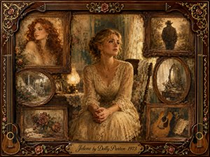 A wistful woman sits in a weathered country room surrounded by framed memories of a captivating red-haired rival, a departing man, roses, mirrors, and an acoustic guitar. Warm sepia, amber, cream, and deep brown tones glow under soft lamplight. Painterly textures, ornate rosewood framing, and gold musical details create nostalgic tension.
