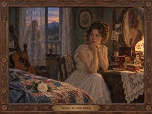 A pensive young woman sits at a rustic vanity in a softly lit country bedroom, her anxious gaze turned toward a lace-curtained window where a shadowy female figure lingers at dusk. Warm amber lamplight, faded quilt patterns, a leaning guitar, delicate flowers, and rich oil-painted textures create a tender, haunted, deeply intimate mood.