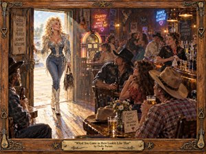 A glamorous woman strides into a rustic country bar, sunlight blazing behind her as startled patrons turn to stare. Warm amber wood, denim blues, silver rhinestones, neon signs, and golden reflections create a lively honky-tonk atmosphere. The richly detailed, painterly realism emphasizes flirtation, confidence, humor, and theatrical charm.