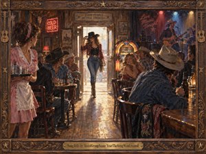 A confident woman enters a lively country bar, instantly drawing every gaze as warm sunlight pours through the doorway. Rustic wood, cowboy hats, glowing jukebox lights, and a performing band create playful tension. Rich browns, reds, and golds enhance the energetic, flirtatious mood in a detailed, painterly Western style.