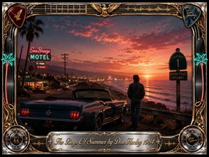 A solitary man stands beside a vintage convertible on a Pacific coastal highway, watching a glowing sunset dissolve into the ocean. Warm coral, amber, teal, and indigo tones create a nostalgic, melancholic mood. Neon motel lights, palm silhouettes, chrome details, and an ornate gold-trimmed musical frame give the scene polished retro-cinematic elegance.