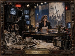A glamorous news anchor sits amid a chaotic late-night television studio, surrounded by aging monitors, tangled cables, scattered papers, photographs, cigarettes, and wilted roses. Moody blue-black shadows contrast with harsh amber studio lights and red signals, creating a cynical, tense atmosphere. The richly textured realism evokes sensationalism, manipulation, and media decay.