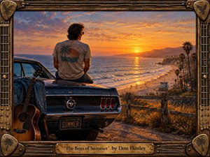 A lone man sits on a weathered Mustang overlooking a glowing California beach at sunset, evoking nostalgia, longing, and fading youth. Warm orange light contrasts with deep blue ocean tones, while palm trees, distant figures, a leaning guitar, rugged textures, and the handcrafted musical frame reinforce the reflective, cinematic mood.