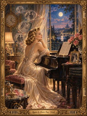 An elegant blonde woman in a flowing champagne gown sits beside a grand piano, gazing toward a moonlit city. Golden lamplight warms the nostalgic interior, while swirling memories of romance float above her. Pink roses, framed photographs, and an ornate gilded musical frame enrich this dreamy, sentimental oil painting.