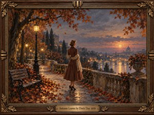 A solitary woman in 1950s attire overlooks a glowing riverside city at autumn dusk. Fallen copper leaves scatter across a winding terrace beneath golden streetlamps. Warm amber reflections contrast with violet-gray skies, creating nostalgic melancholy. Rich oil textures and an ornate walnut frame with bronze accents complete the romantic composition.