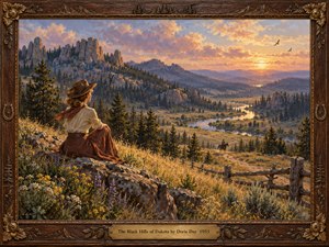 A lone woman in a broad-brimmed hat overlooks the pine-covered Black Hills at sunset. A winding river reflects golden light beneath lavender clouds as a distant rider crosses the valley. Wildflowers soften the rocky foreground. Rich oil brushwork, amber highlights, violet shadows, and an ornate carved wooden frame evoke nostalgic serenity.