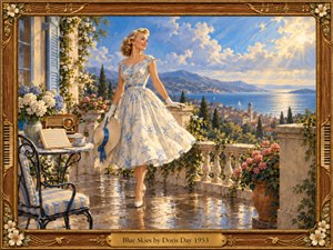 A smiling woman in a flowing blue floral dress stands on a sunlit Mediterranean terrace overlooking a sparkling bay and distant mountains. Golden rays illuminate billowing clouds, flowering vines, and rain-polished stone. A vintage radio and cafe table add nostalgic charm to this luminous oil painting, enclosed in an ornate musical frame.