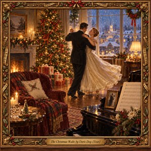 An elegantly dressed couple waltzes beside a glowing Christmas tree in a cozy, candlelit parlor. Snow falls beyond tall windows overlooking a quiet village, while a fireplace, wrapped gifts, and grand piano enrich the scene. Warm gold, crimson, and winter blue mingle in a nostalgic oil painting framed by ornate holly and musical motifs.