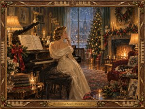 An elegant woman in an ivory gown sits beside a grand piano in a warmly lit Christmas parlor. A glowing fireplace, decorated tree, candles, and snowy window evoke tender nostalgia. Rich amber, evergreen, and crimson tones illuminate detailed painterly brushwork, surrounded by an ornate carved wooden frame with musical accents.