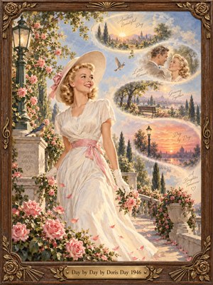 A smiling blonde woman in a flowing ivory dress stands among roses on a sunlit terrace. Dreamlike glimpses of romance, morning, and sunset flow along a winding path behind her. Pastel blues, blush pinks, golden light, delicate painted textures, and an ornate carved wooden frame evoke hopeful 1940s nostalgia.