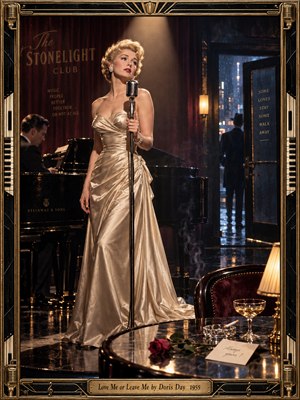 A glamorous blonde singer in a champagne satin gown stands under a warm spotlight in a smoky 1950s nightclub. A pianist plays beside her while a shadowy figure departs into rainy blue streets. A rose, champagne glass, and note evoke romantic uncertainty, enclosed in an ornate black-and-gold Art Deco frame.