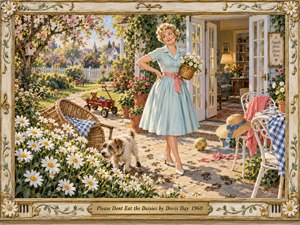 A smiling blonde woman in a pale blue dress stands on a sunlit suburban patio, holding daisies amid playful household disorder. A curious terrier explores white blossoms beside a tipped wicker chair, while scattered toys and gingham accents brighten the garden. Warm pastel painting and an ornate floral frame evoke cheerful 1960s nostalgia.