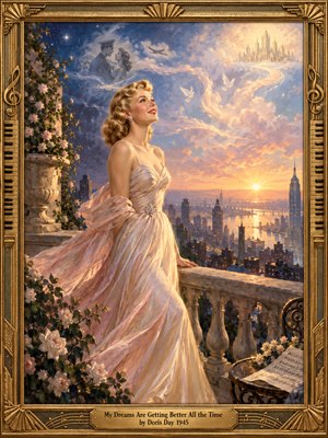 A glamorous 1940s woman in a flowing blush gown gazes skyward from a rose-covered balcony above a sunrise city. Dreamlike clouds reveal a distant couple, white doves, and a luminous castle. Warm peach, gold, and lavender light bathes the hopeful oil painting, enclosed by an ornate musical frame.