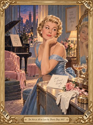 A poised blonde woman in a powder blue gown rests her chin on one hand in a glamorous 1950s dressing room. Pink roses, a grand piano, handwritten notes, and a mirror hint at feelings she playfully denies. Sunset city lights, warm lamplight, and ornate gold framing enrich the romantic painted scene.